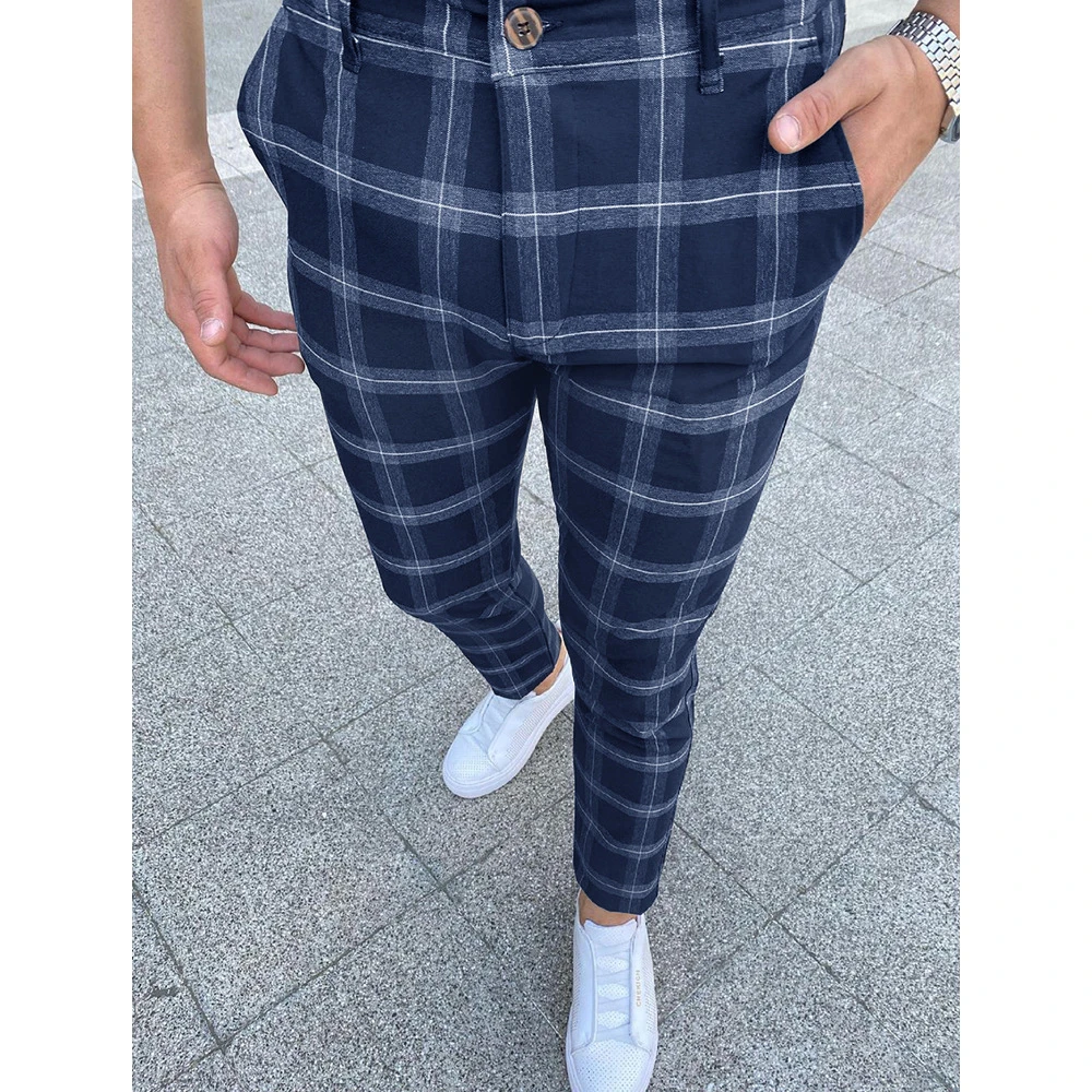 Spring New Plaid Printing Pants For Men Business Casual Checked Trousers Straight Slight Elastic