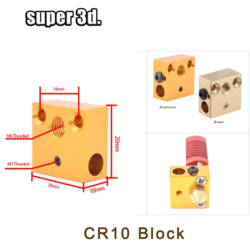 3D Printer Parts 1 pcs 3D Heat Block E3D V5 V6 MK7 MK8 MK2 MK10 Volcano PT100 CR10 2 IN 1 OUT Aluminum/Brass For Hotend