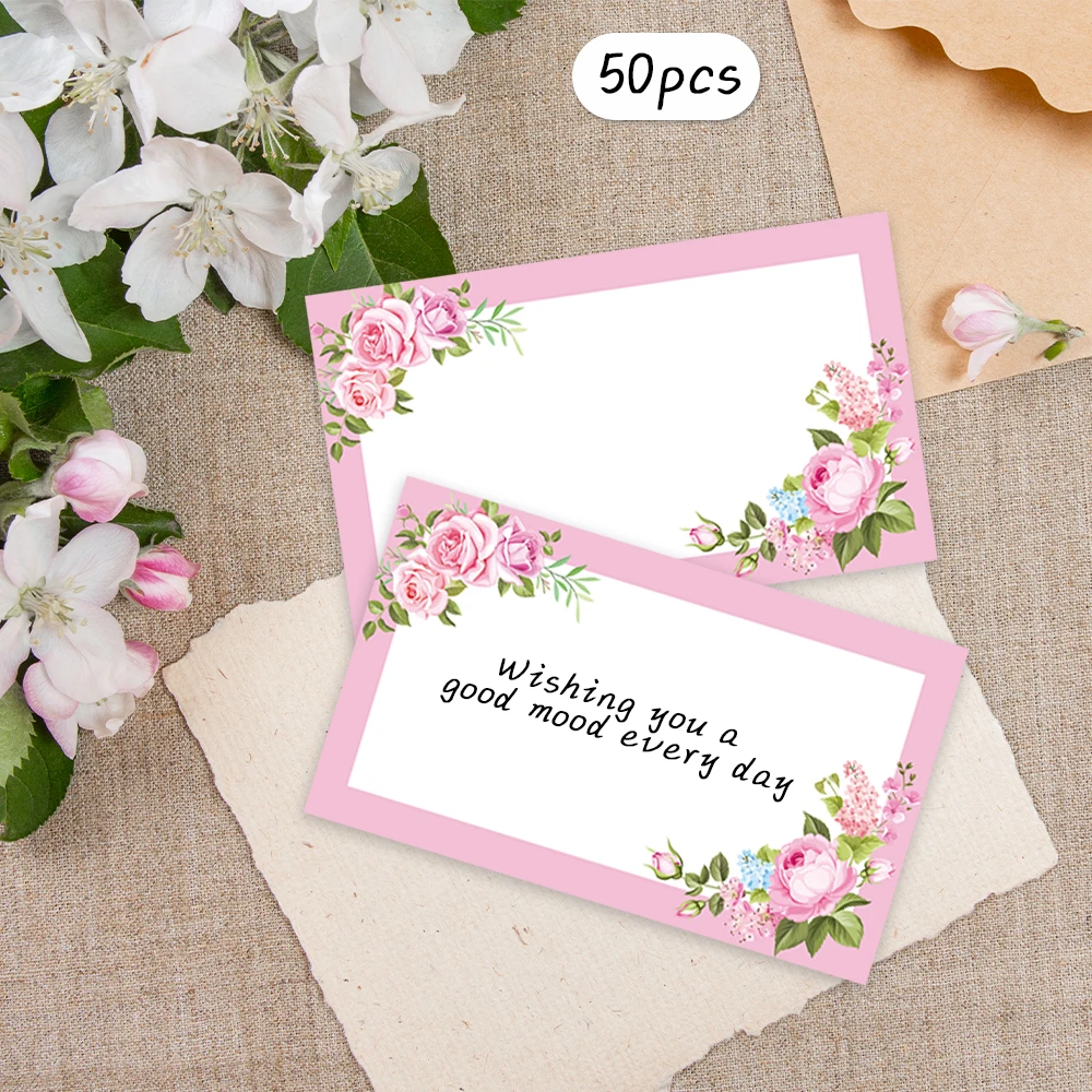 50pcs Pink Floral Blank Message Cards Pocket Cards Business Blank Greeting Small Business Supplies Gift Tags