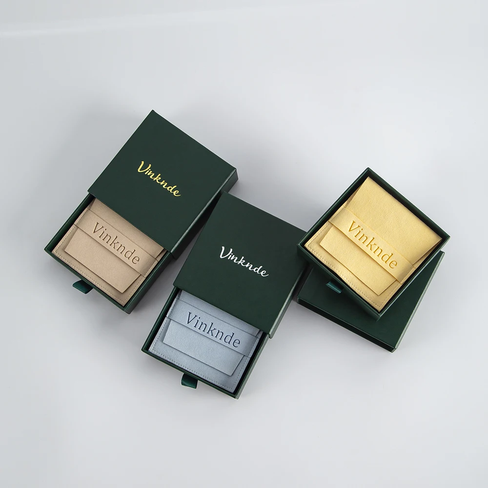 7x7x1.7cm Dark Green Drawer Cardboard Box Custom Logo Microfiber Jewelry Gift Bag Pouch Small Ring Brooch Packaging Personalized