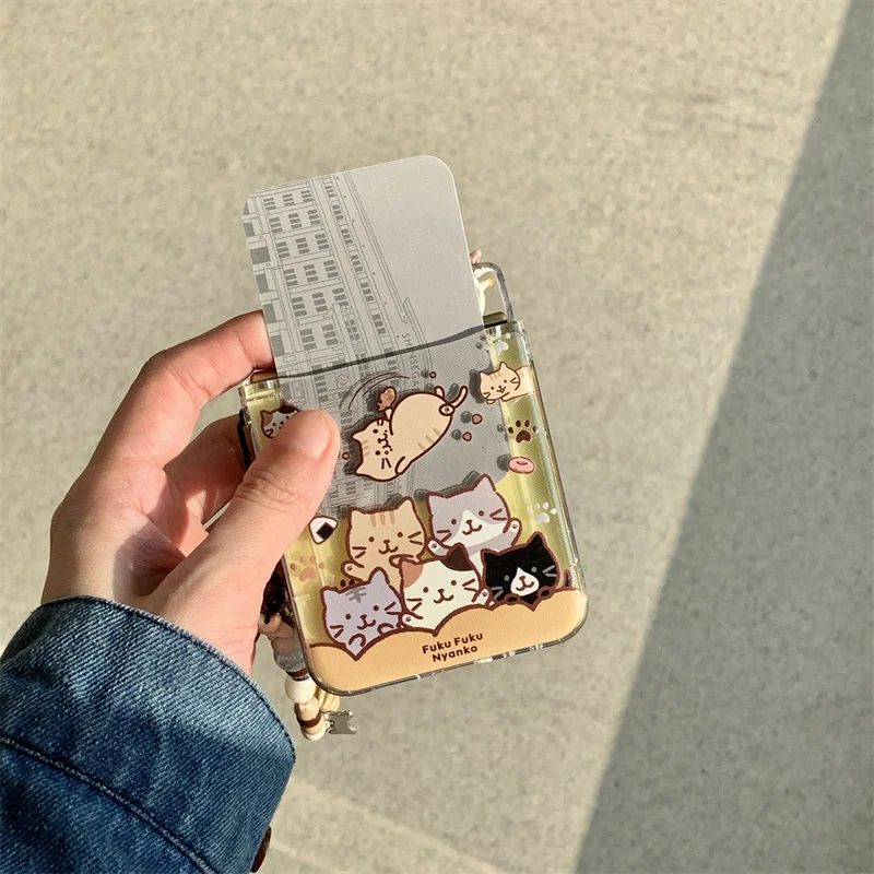 Korean Cute 3D Kitten Folding Phone Case with Card Slot and Chain