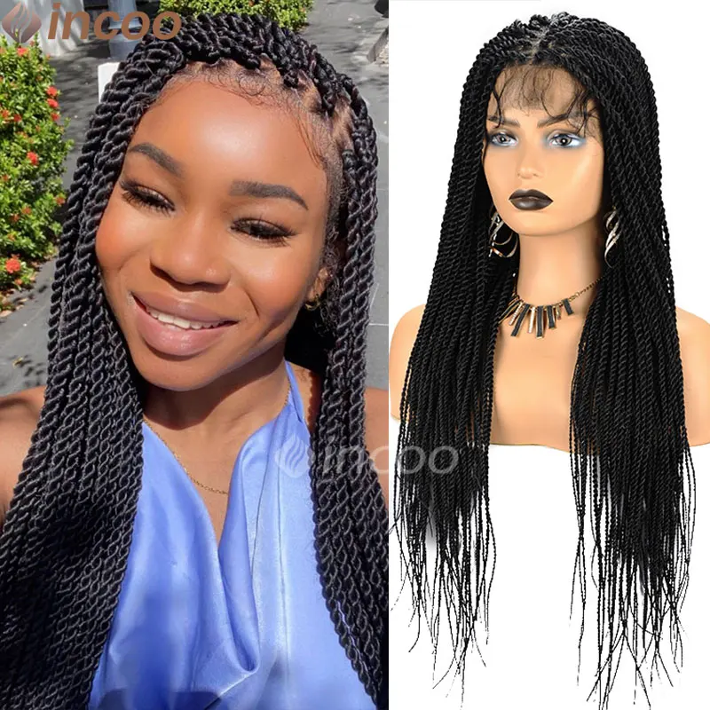 Black Twist Braided Full Lace Wigs for Women Lace Front Medium Senegalese Twist Braids Wig Synthetic Braid Lace Wig with Plaits