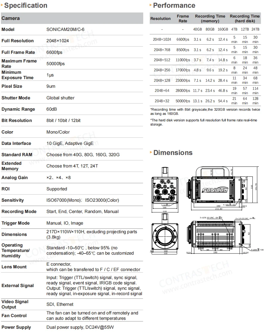 SONICAM 2.1MP High Speed Camera 50000fps ROI ISO67000 10GigE Industrial High FPS Imagin for Welding Analysis R&D Inspection