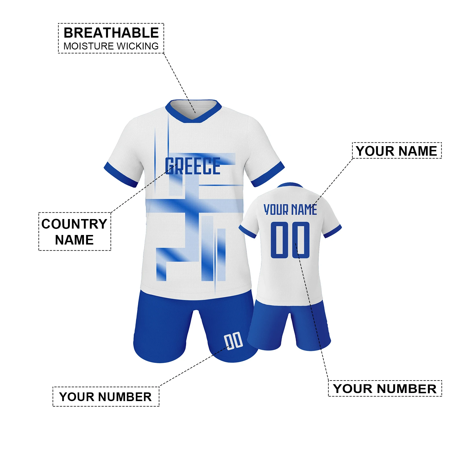 Greece Football Jersey for Kids Personalized Soccer Kit with Name and Number Print Youth Team Uniform Athletic Sportswear