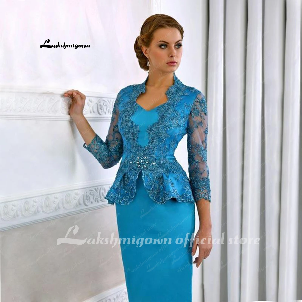 Mother Bride Dresses Modest Sheath Lace Mother Of The Bride Dresses Long Sleeves V Neck Peplum Evening Gowns Knee Length Satin Wedding Guest Dre