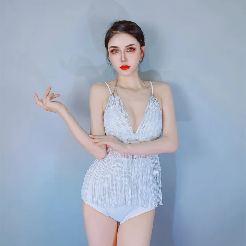 

Женская одежда для ночного клуба, танцевальная одежда с бахромой, белый костюм бикини Gogo Jazz, Одежда для танцев на шесте, праздничная модель DQL7418