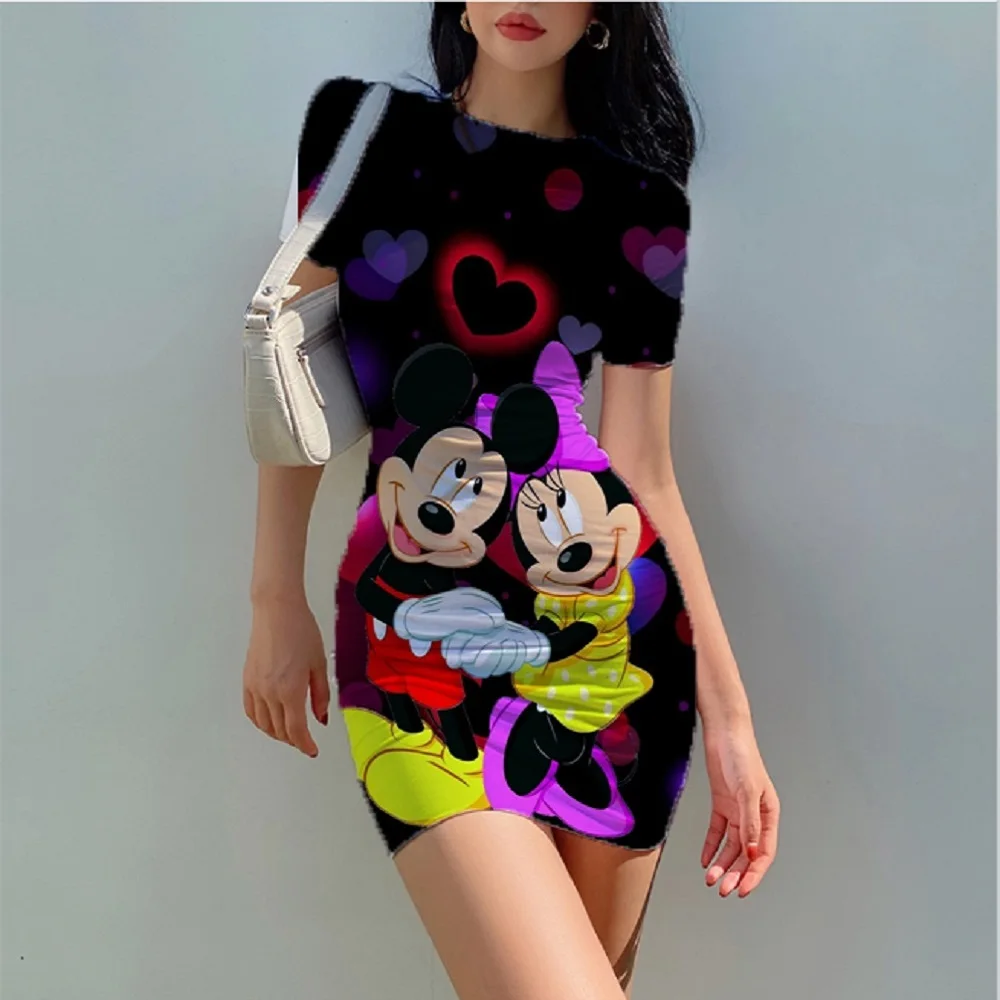 

Disney Minnie Mickey Summer Women's Elegant Fashionable Simple Printed Tight Pencil Skirt Slim Fit Mini Short Sleeves Casual Bod