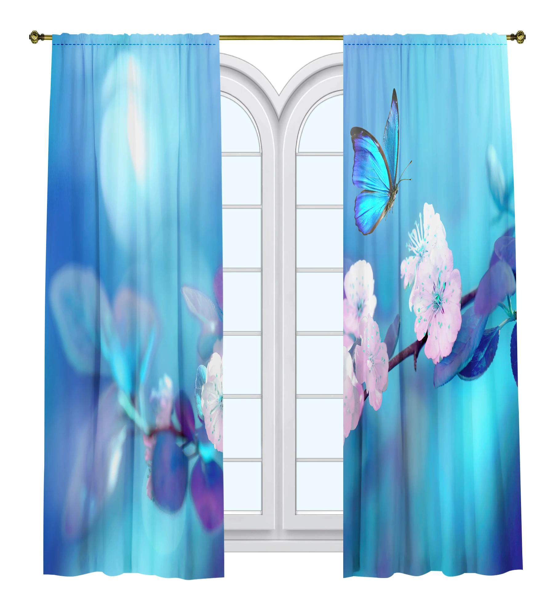 

Spring Landscape Printed Curtain / Bedroom Dining Room Living Room Covers Set of 2 Panels -Butterfly on a Flowering Branch Decor