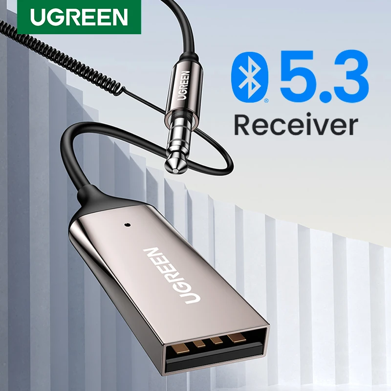 UGREEN odbiornik Bluetooth 5.3 zestaw głośnomówił zestaw samochodowy AUX Audio 3.5mm Jack bezprzewodowy odbiornik muzyczny do nadajnika BT samochodu