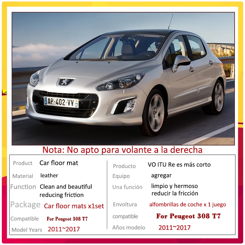 Alfombrillas de coche de alta calidad para Peugeot 208 2012 2013 2014 2015  2016 2017 2018 Alfombra de automóvil Alfombras Almohadillas para pies  Accesorios