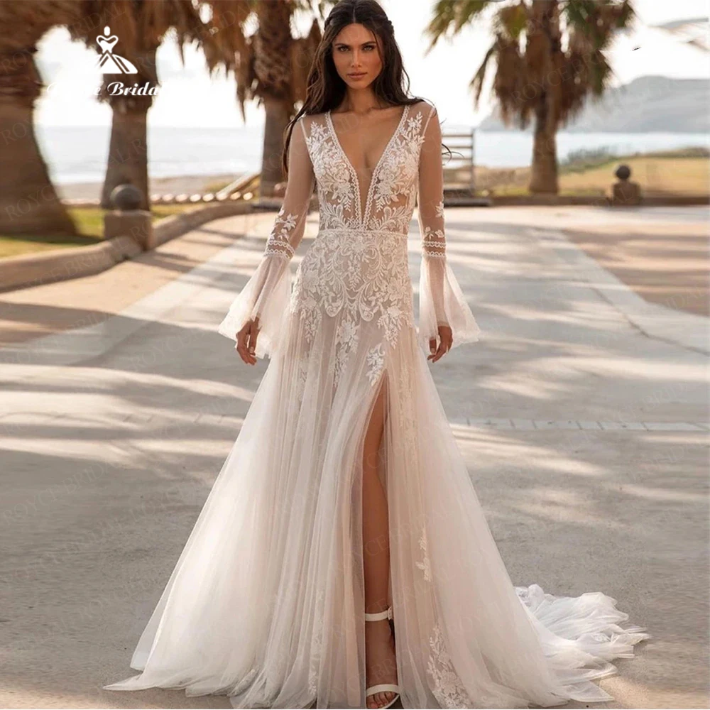 

Boho Long Flare Sleeves Tulle Lace Appliques Weeding Dress Deep V-Neck Side Split A-Line Illusion Back Exquisite Bridal Gowns