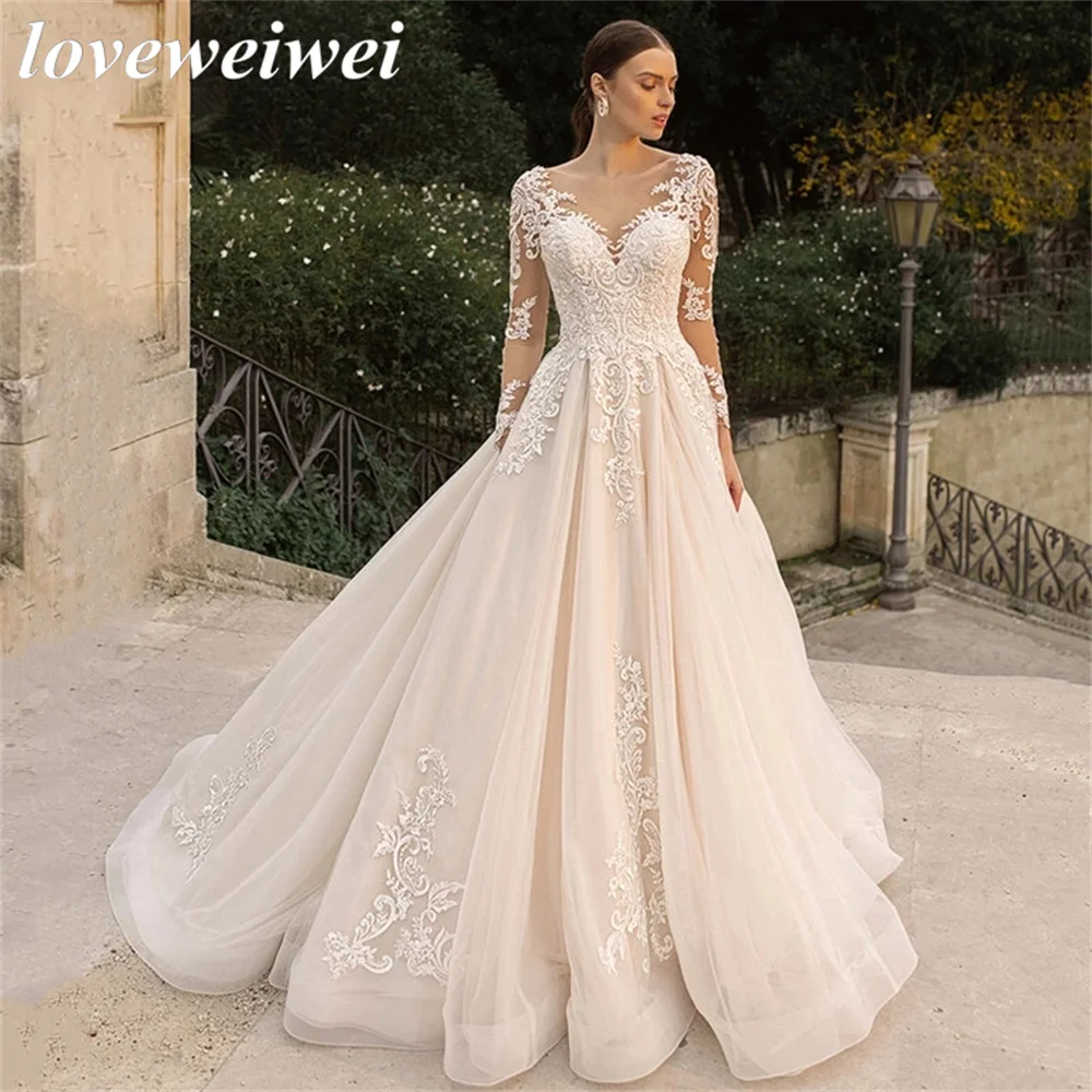

Princess Long Sleeves Ball Gowns Wedding Dress 2023 Sexy V-Neck Bridal Gown Lace Wedding Gown Button Robe De Mariée