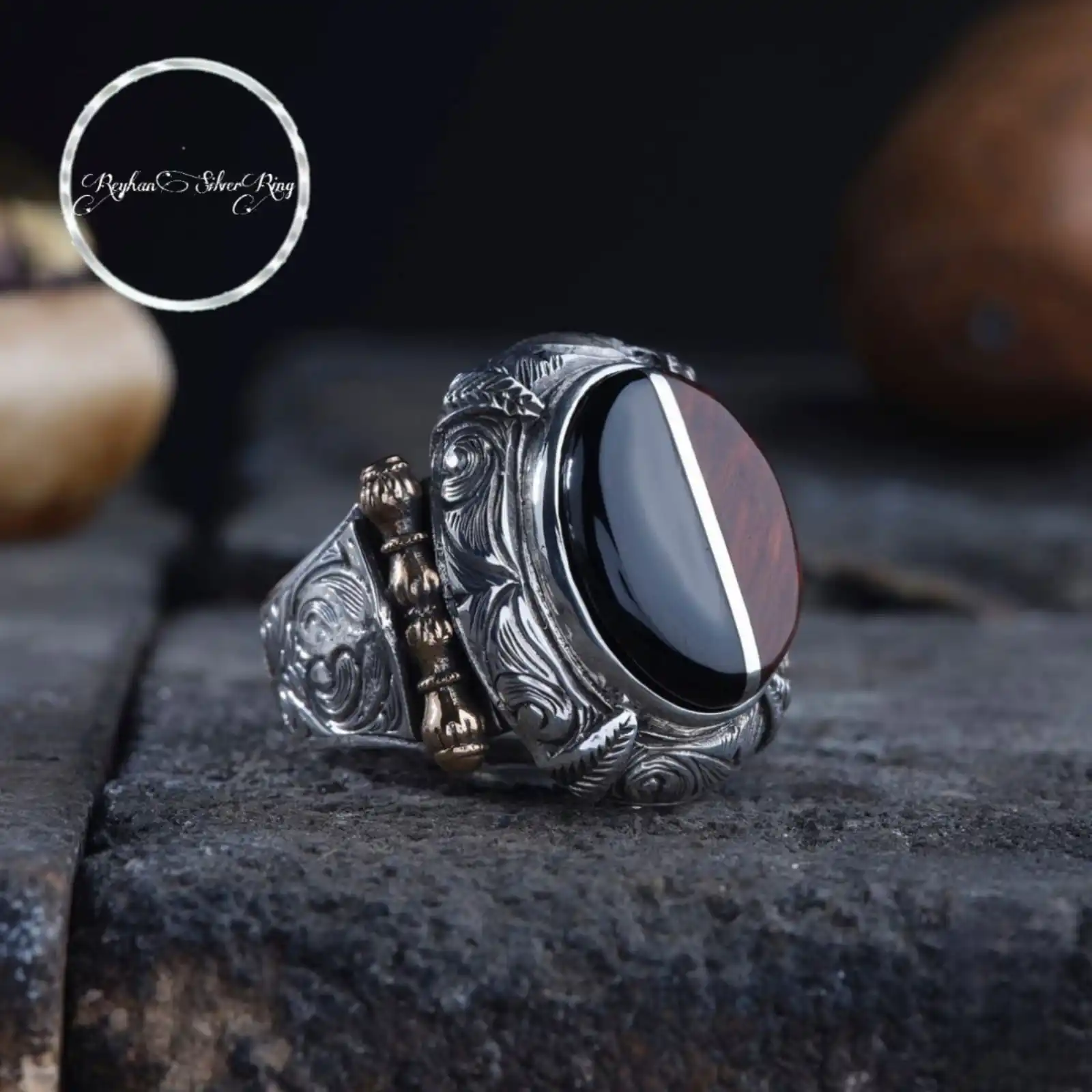 Handcrafted Silver Inlaid Men's Ring with Coca and Oltu Stone - Unique Splitting and Pencil Engraved Design