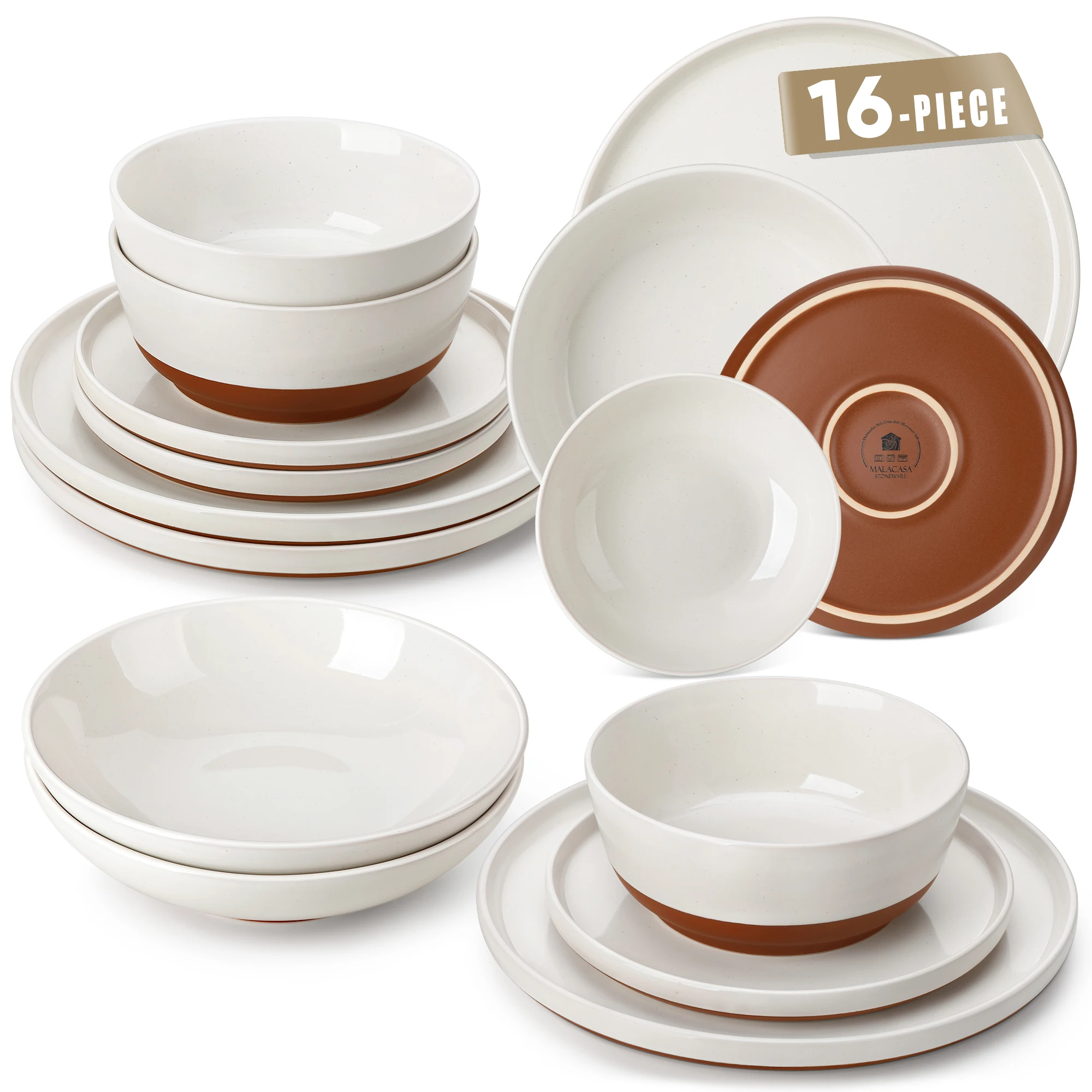 MALACASA 12/16/18/24-teiliges Steinzeug-Geschirrset mit Sesamglasur und geschwungenen Kanten, Tafelservice mit 4/6 Stück Teller/Dessertteller/Schüsseln/Suppenschüsseln – Detail 10