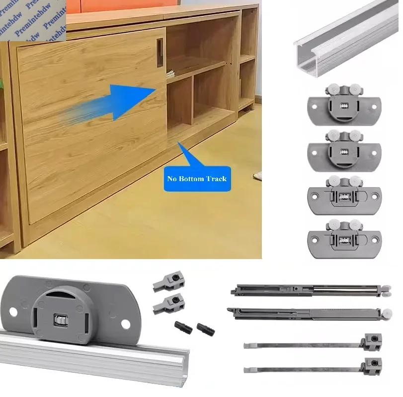 

1Set Buffered Top Hung Double Sliding Door Roller Wheel Kit Track For Furniture Closet Cabinet