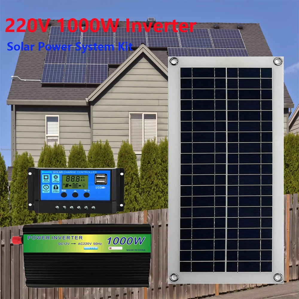 220V 1000W Inverter Kit Solar Power System DC12V USB5V Charging Solar Panel Controller Outdoor RV Car MP3 PAD Portable