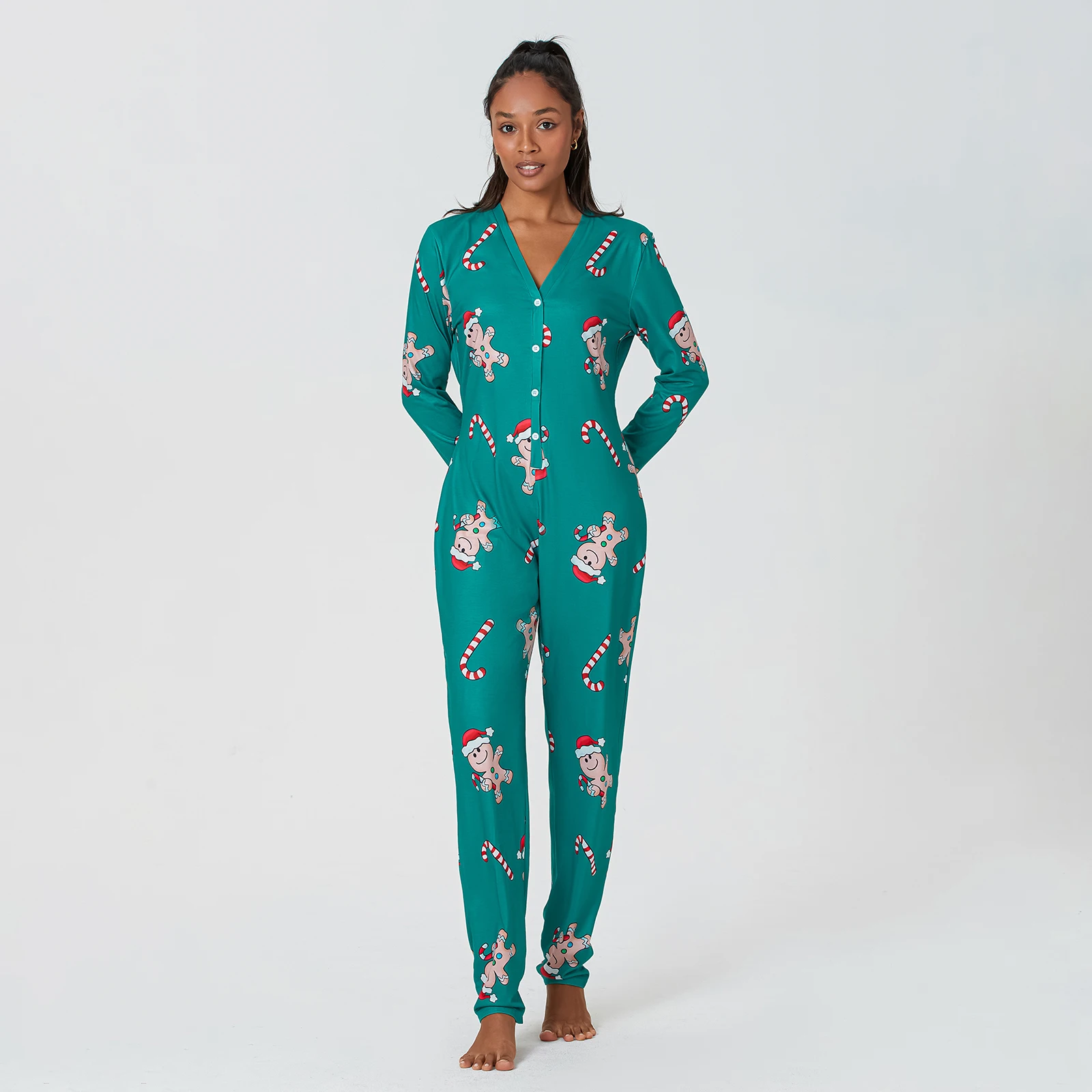 Women Pajamas Jumpsuit Buttons V Neck Long Sleeve Christmas Cartoon Printed Sleepwear Home Wear S/M/L/XL/XXL