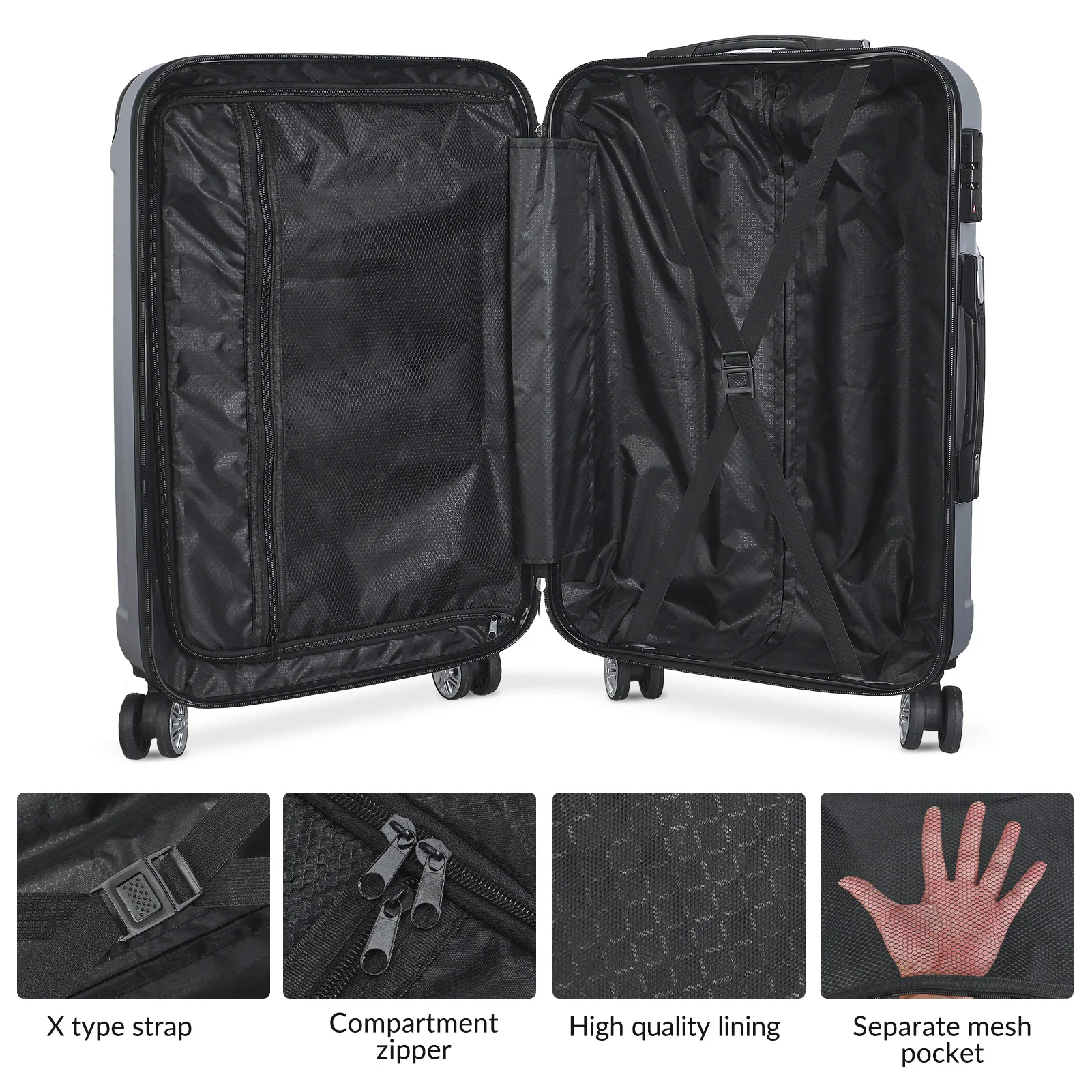 Roshanda 3-teiliges Kofferset, 20" 24" 28" ABS-Hartschalen-Reisegepäckset, 4 Räder,Reißverschluss,Teleskop-Zugstange,M-L-XL-Set – Detail 5