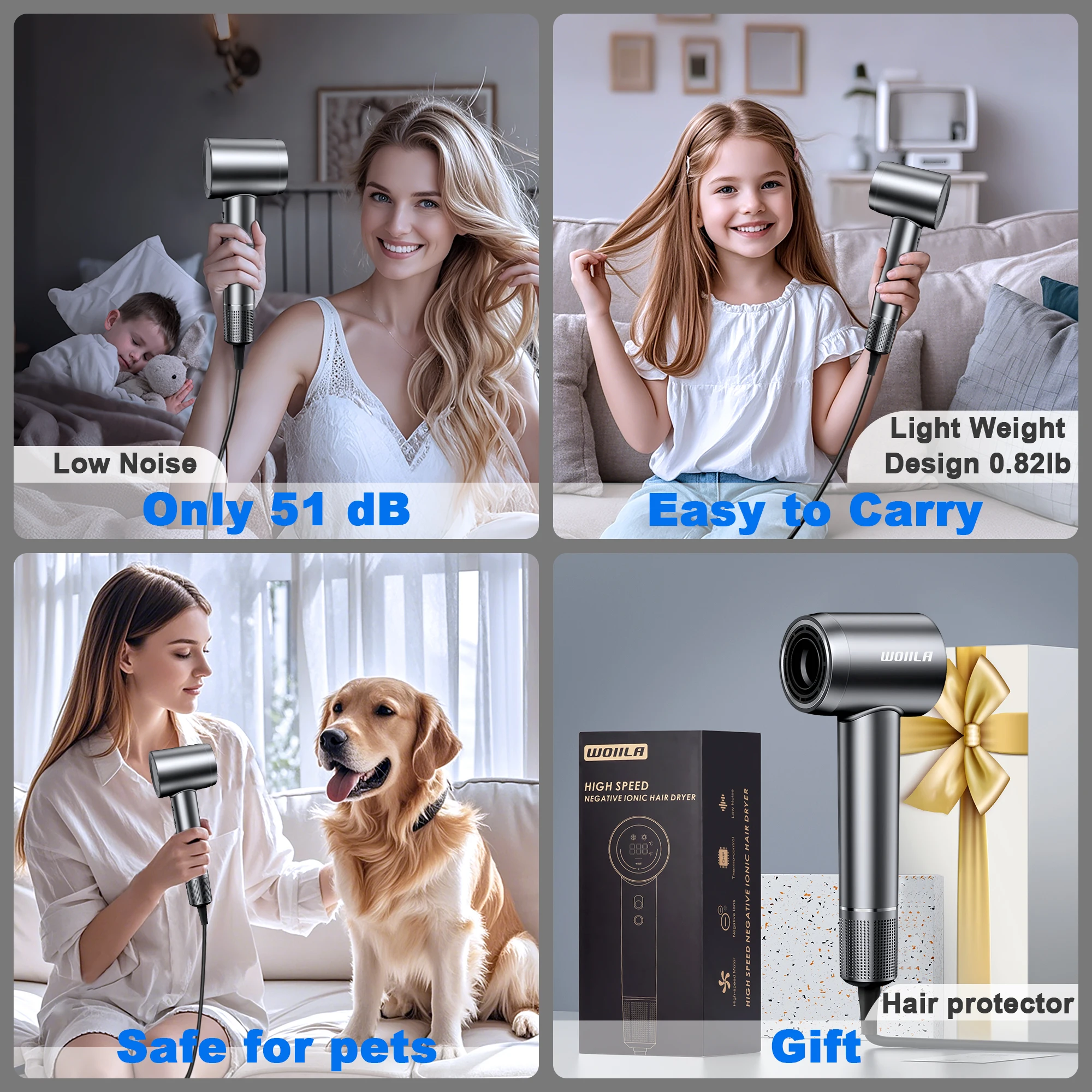 Hair Dryer-Negative Ionic Blow Dryer with 150000 RPM High Speed Brushless Motor for Fast Drying, Low Noise, HD Display Hair Dr