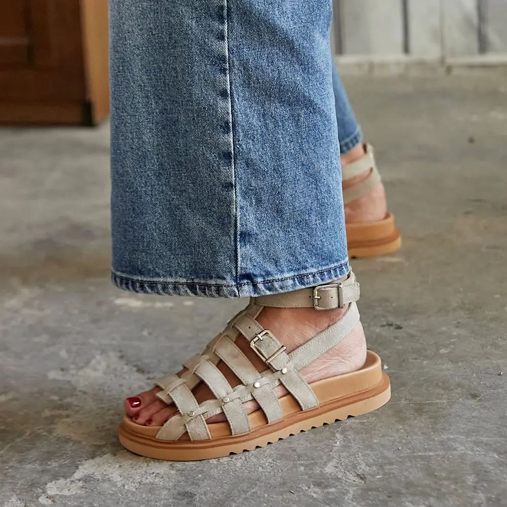 

Wipes Genuine Leather Suede Ankle Strap Gladiator Stripe Women's Sandals Poshnmore Beige Tan Black Casual Summer Shoes