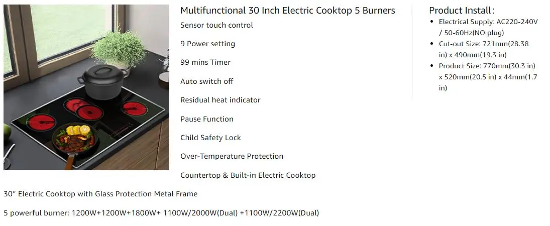 Estufa eléctrica de cerámica Karinear de 30 pulgadas, 5 quemadores, estufa eléctrica incorporada de 8400W con marco de metal de protección de vidrio, placa de cocina multifuncional para 220-240V, cable duro, sin enchufe