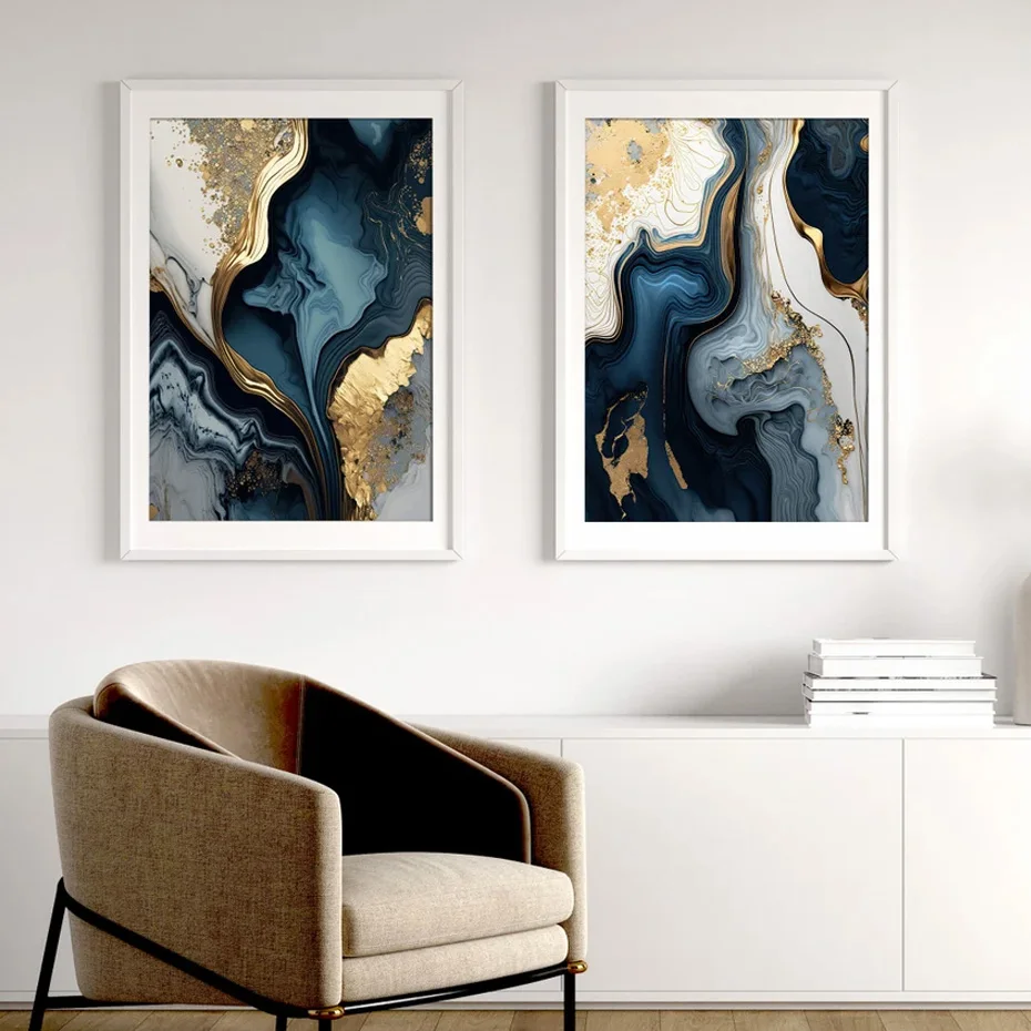 Navy Blue And Gold Abstract Wall Art l Free Delivery