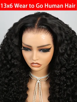 Parrucca 13x6 senza colla in veri capelli umani, ricci profondi, per donna, pre-strappata, con nodi sbiancati, capelli a onda profonda, pronta da indossare, densità 250%