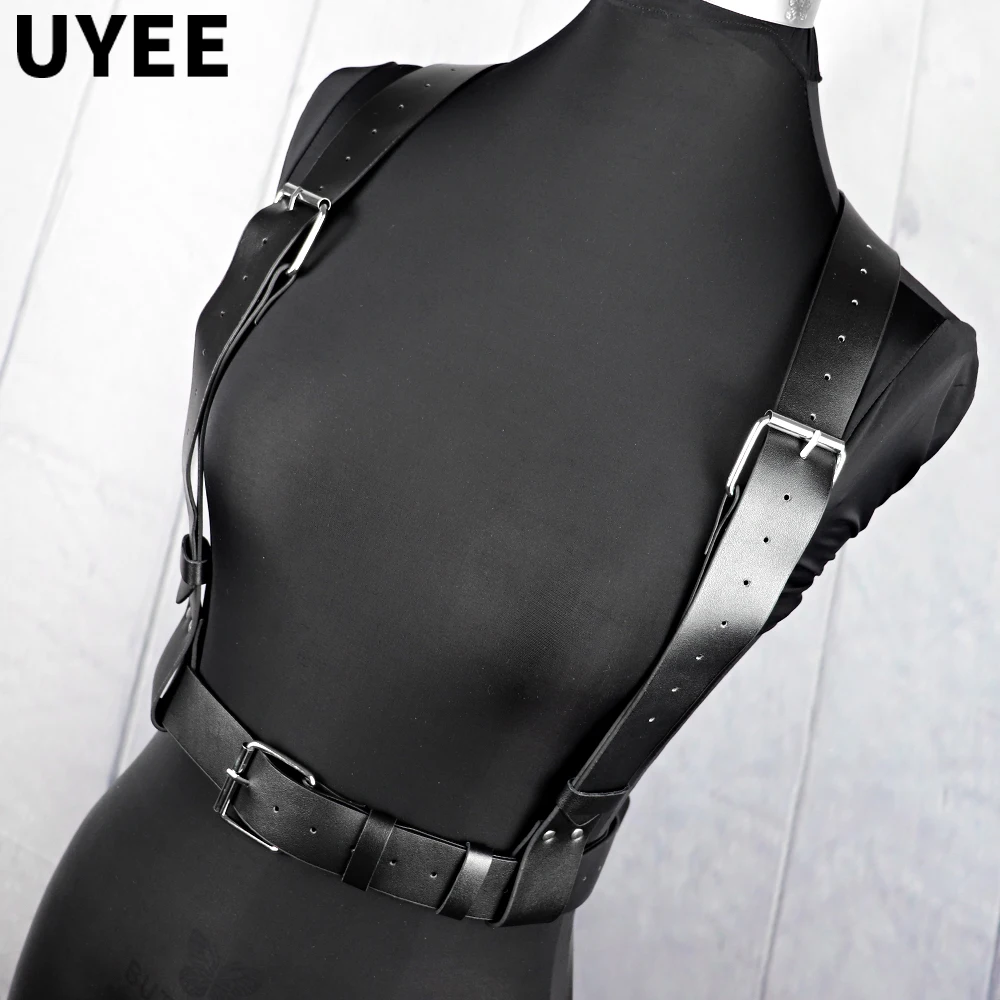 UYEE Techwear Женская искусственная кожа, цепочка для тела, сексуальное нижнее белье, бондаж, нижнее белье, бюстгальтер, клетка, ремень, Harajuku Punk