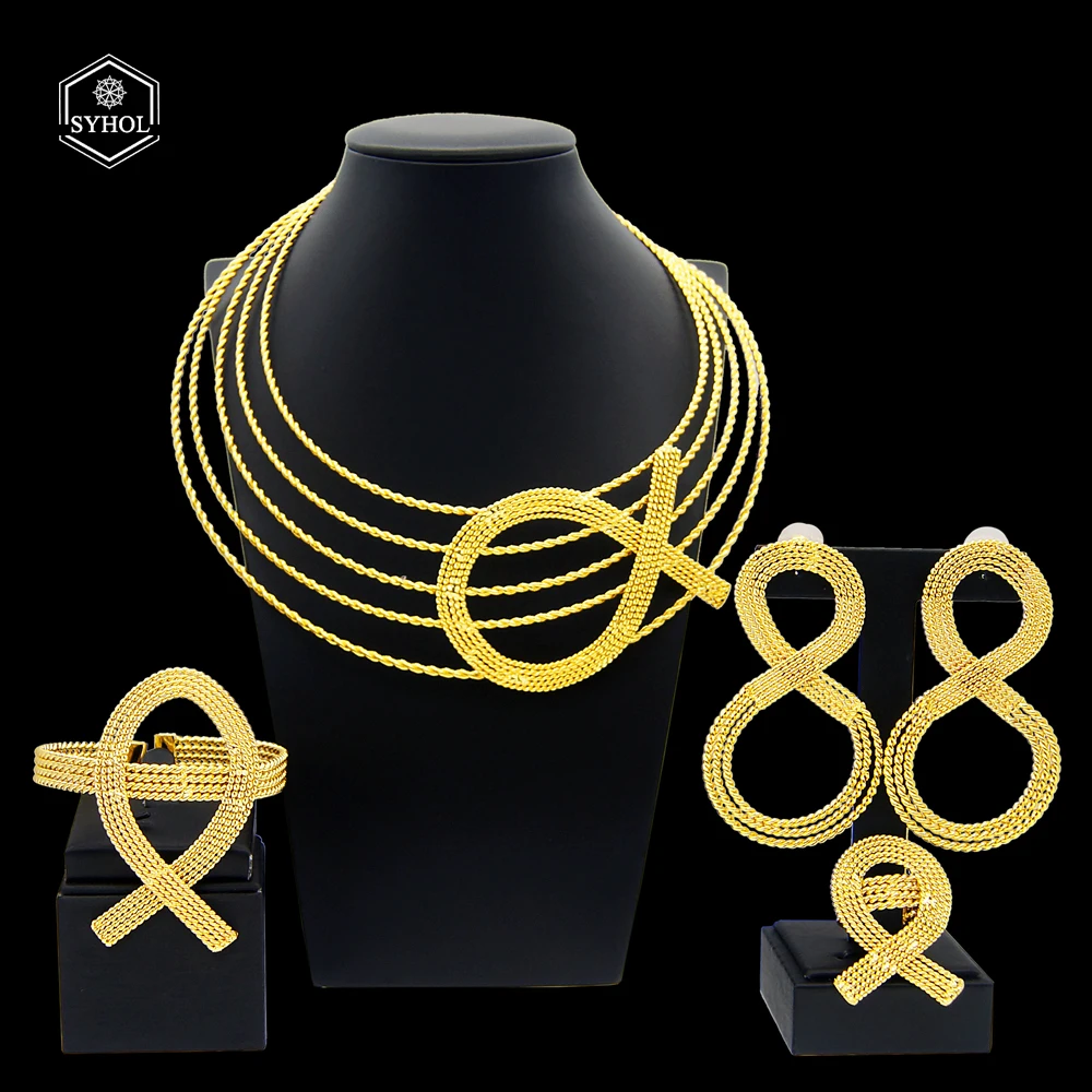 

Dubai Gold Plated 24 Original Simple Surround Necklace Handmade Big Earrings Fashion Minimalist Style Jewelry Set SYHOL
