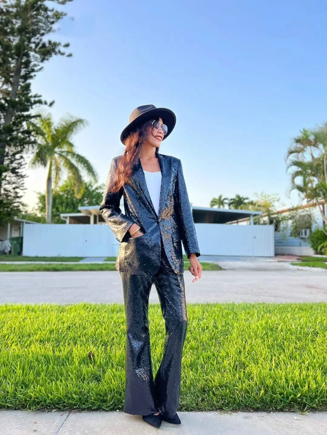 Sequin Suits For Women Peak Lapel  Single-Button Blazer Office Lady Loose Fashion Casual Trousers Suits with Pockets