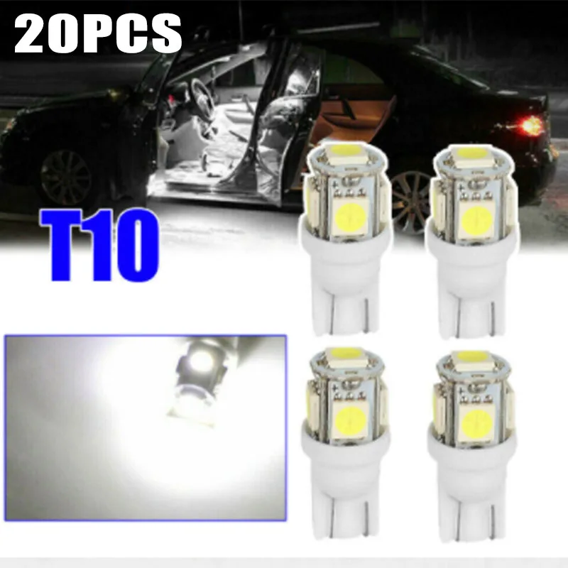 

20 PCS Car LED Bulb T10 W5W 194 LED Signal Light 12V 5050 SMD 6000K White Auto Interior Dome Reading Maps Side Wedge Trunk Lamps