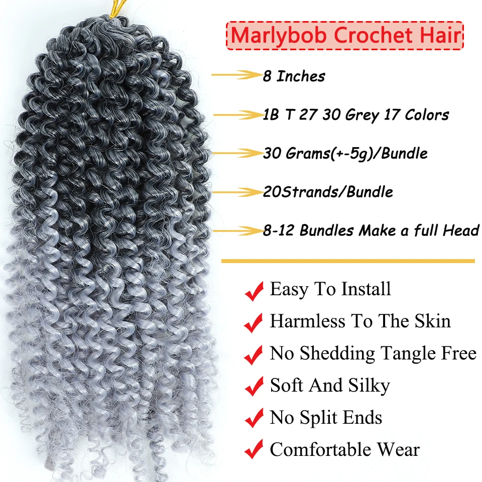 8 Inch Grey Marlybob Crochet Hair Red Blue Purple Bug 613 27 30Colors Synthetic Passion Twist Hair Bob Marley Kinky Curly Braids 2