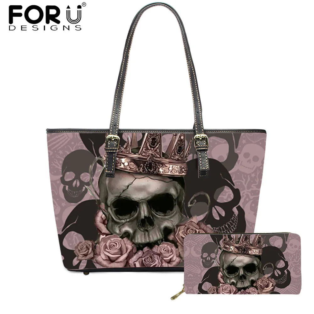 Forudesigns Rose Skull Pattern Women Fashion Handbag And Wallet Set Cool Personality Outdoor Leisure Saddle Bag Per Giovani Donne