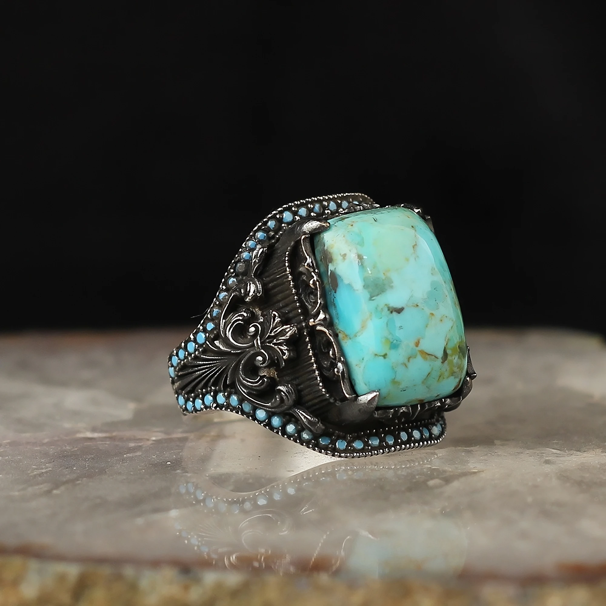 

Heavy Real Pure 925 Silver Statement Ring Sterling Gothic Blue Natural Turquoise Stone For Men's Handmade Turkish Jewelry