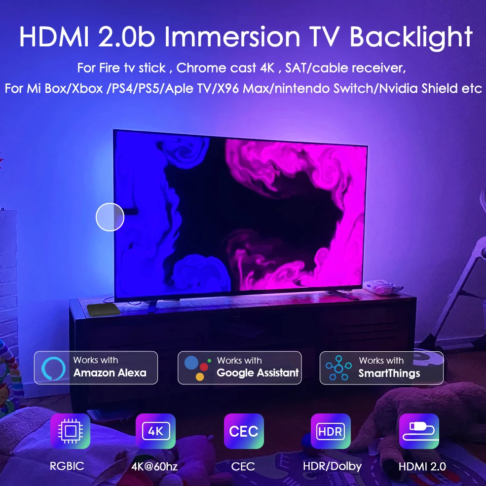 Rétroéclairage LED TV avec Boîtier de Synchronisation HDMI, Backlight  Support 1080P@60Hz Pure Color Lighting Effect, Contrôle D'application,  Eclairage