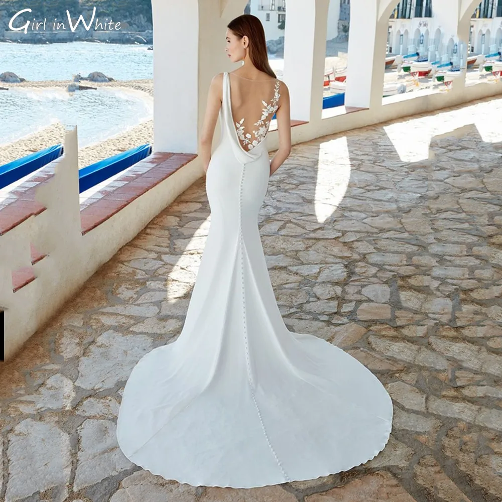 Simple Transparent Lace Embroidery Mermaid Vestido De Novia Grace Fishtail Wedding Dress Beach Tulle Sweep Train Robe De Marié