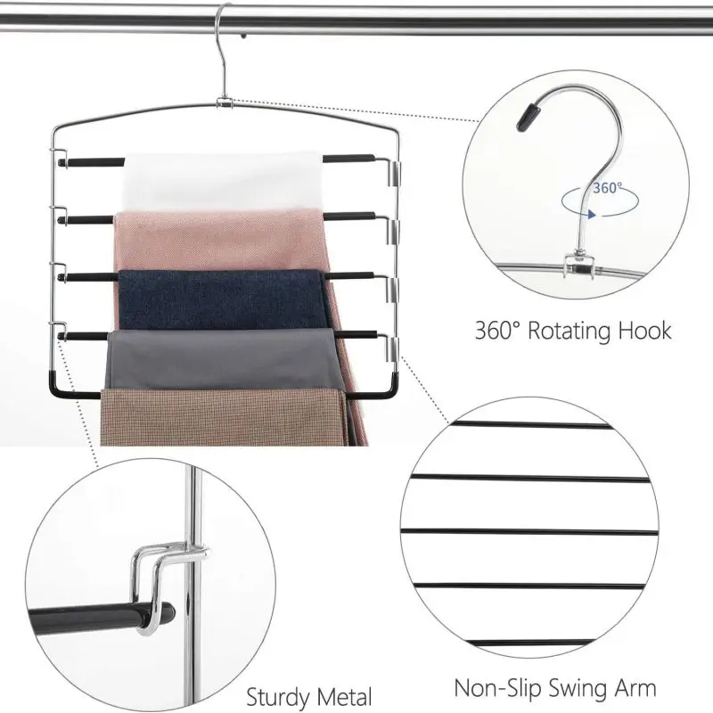 Pants Hangers Non Slip Multi-Layer Swing Arm Pants Hanger Stainless Steel Space Saver Hangers Closet Storage Organizer 3