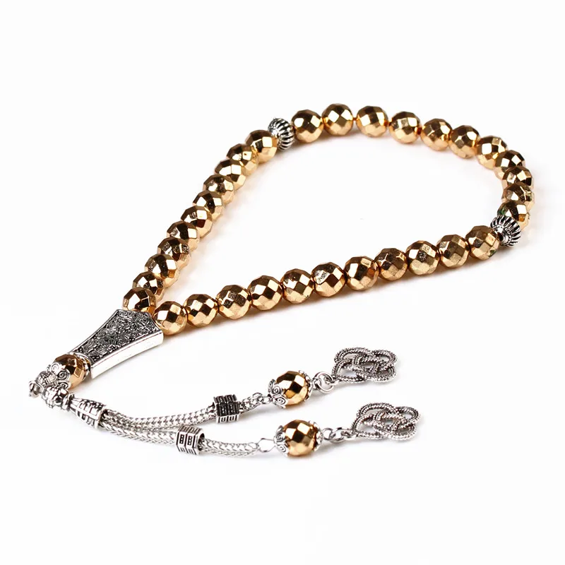 Muslim Rosary Gold Plated Face beads Hematite Stone 8MM Tesbih Sibha Islamic Tasbih Prayer Beads 33 Necklace