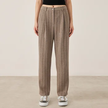 KL7523333 Luxury Women's Straight Fit Striped Wool Blend Casual Pants Business Fashion Loose Trousers