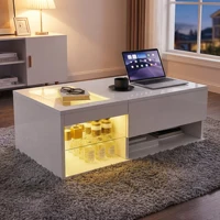 Table Basse Relevable avec Éclairage LED, 100x55x35-50cm, Table Basse Blanche Brillante , Table de Salon Rectangulaire avec Compartiments Cachés et Rangement Ouvert, Table d'appoint Moderne pour Salon et Chambre 8