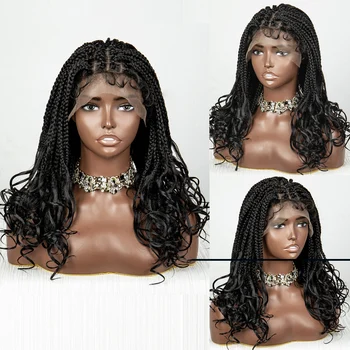 Synthetic Short Box Braided Wigs Wavy Ends 9x6 Frontal Lace Colored Short Afro Braiding Wig With Baby Hair For Black Women