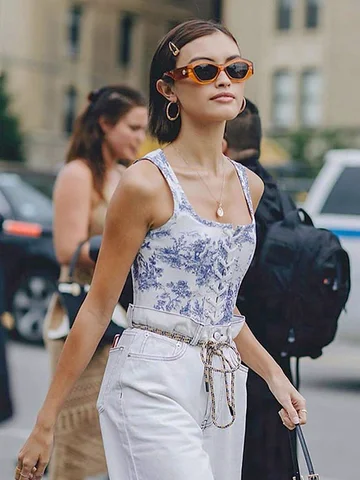 Summer Square Collar Women's Tank Crop Tops Printing Drawstring Bandage Hollow  Out Vest 2022 Sexy Skinny Elegant Camis