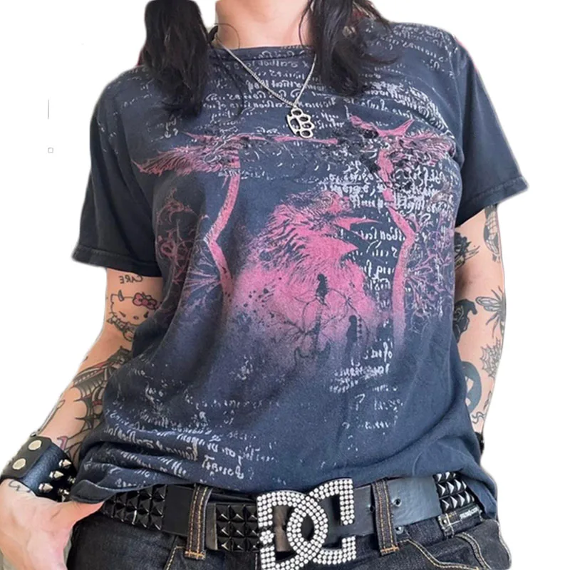 Camiseta Cyber Y2K de los años 2000 para mujer, con estampado de calavera, cuello redondo, manga corta, ropa estética para chicas E, ropa gótica para centro comercial, ropa urbana