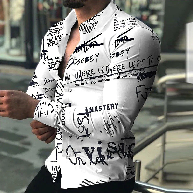 Newspaper Text Art Fashion Luxury Party Evening Dress Shirt Lapel Button Down Shirt Casual Print Long Sleeve Top Men Sweater