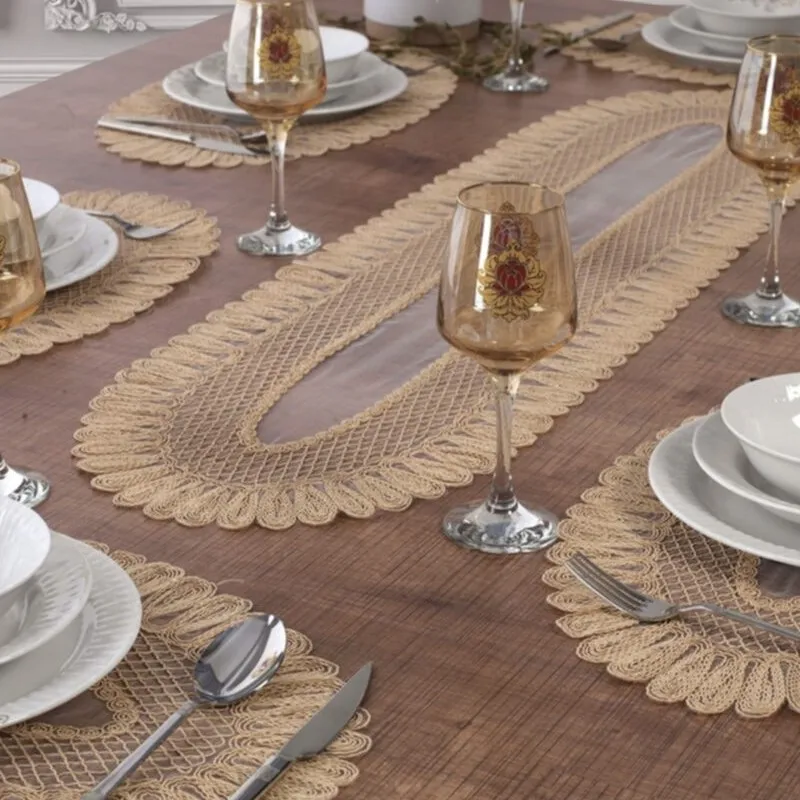 

Placemat Table Top And Runner Set 6 Person Set Embroidered Vivien Beige Color 7Piece Table And Presentation Set Vivien Beige Set