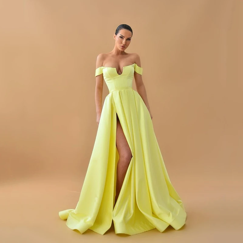 

UZN Light Yellow A-Line Evenig Dresses Off the Shoulder New Prom Gowns Lace-up High Slit Saudi Arabia Party Dress Custom Size