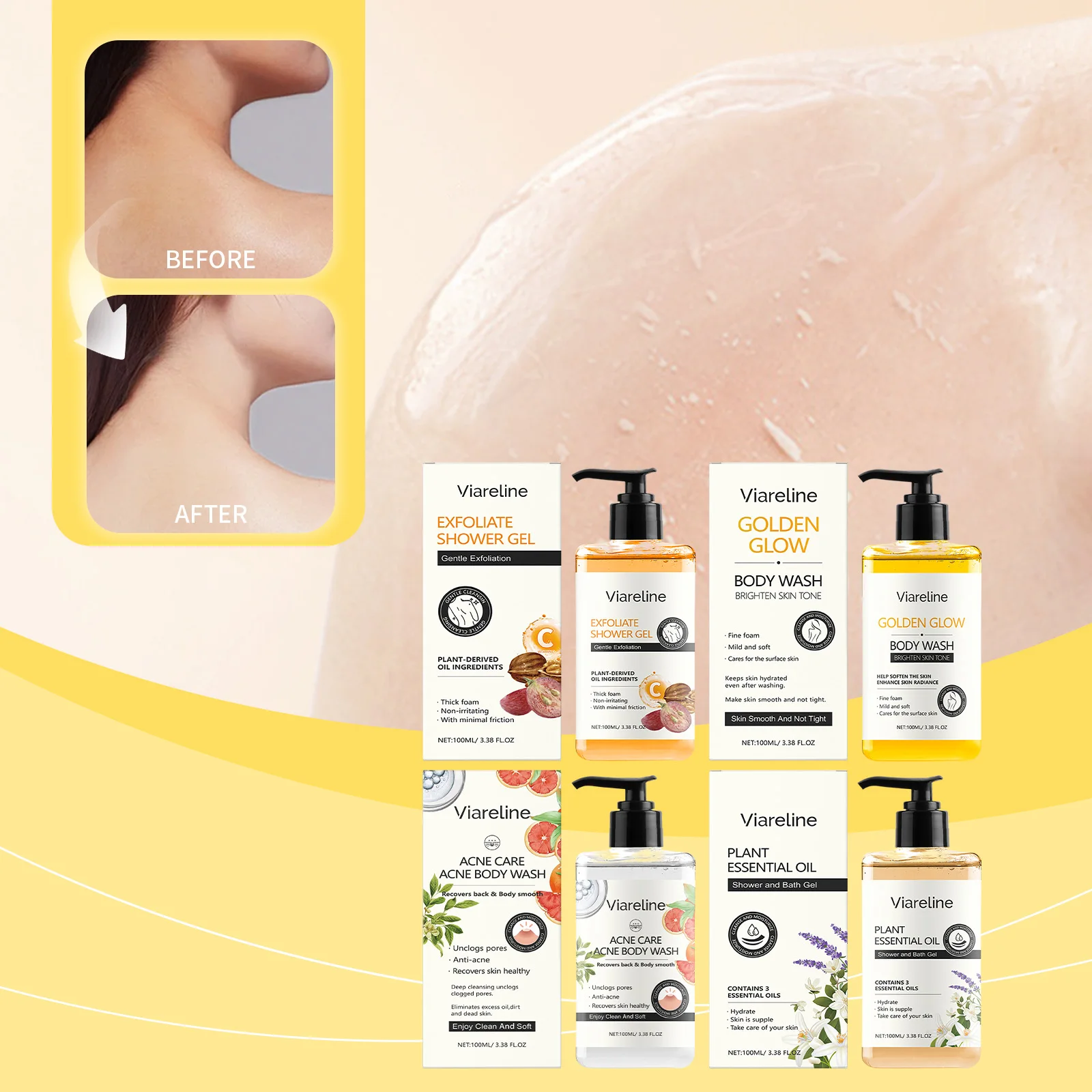 Viareline 100ml Refreshing Skin Care Shower Gel Series is Used for Body Cleansing, Gentle, Comfortable Smooth Moisturizing Skin