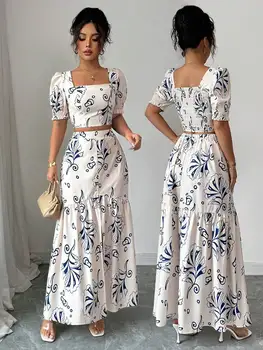 Floral Print Women 2Pcs Outfit, Summer Sexy Crop Top & Elegant Maxi Dress, Ladies Casual Matching Set for Dating Daily Street