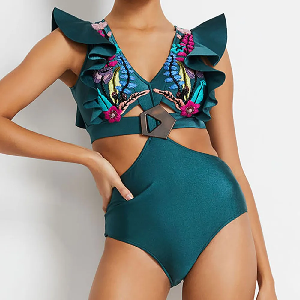

Embroidered Print One Piece Swimsuit Women Trend 2024 Hollow Sexy Backless Stitching Bikini V-Neck Backless Strap BeachWear Push