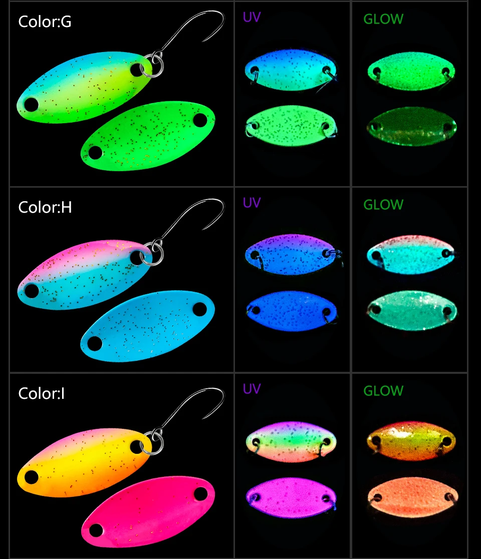 LETOYO 1,1/1,6/2,5g Mini Löffel Köder Glow UV Köder Künstliche Köder Harter Köder Barsch köder Löffel Angeln Köder Bereich Forelle Schwanz spinner – Detail 9
